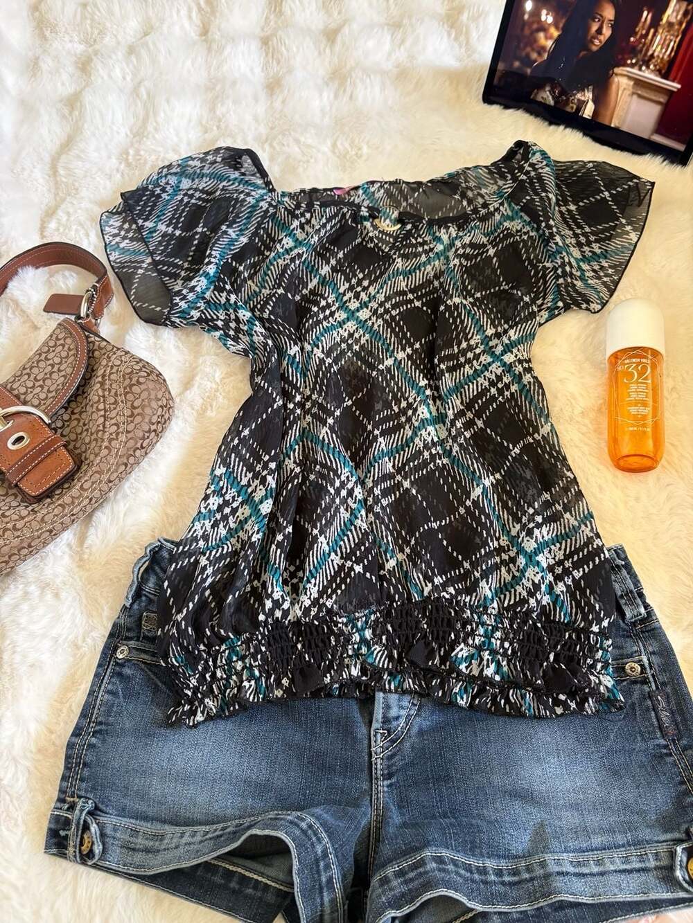 Smart Set Plaid Top Black Teal Chiffon Short Sleeve